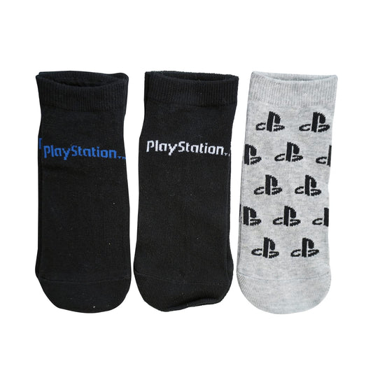 PlayStation official boys and girls trainer socks in a 3-pack, size 12.5-3.5, featuring PlayStation logo and colorful design.