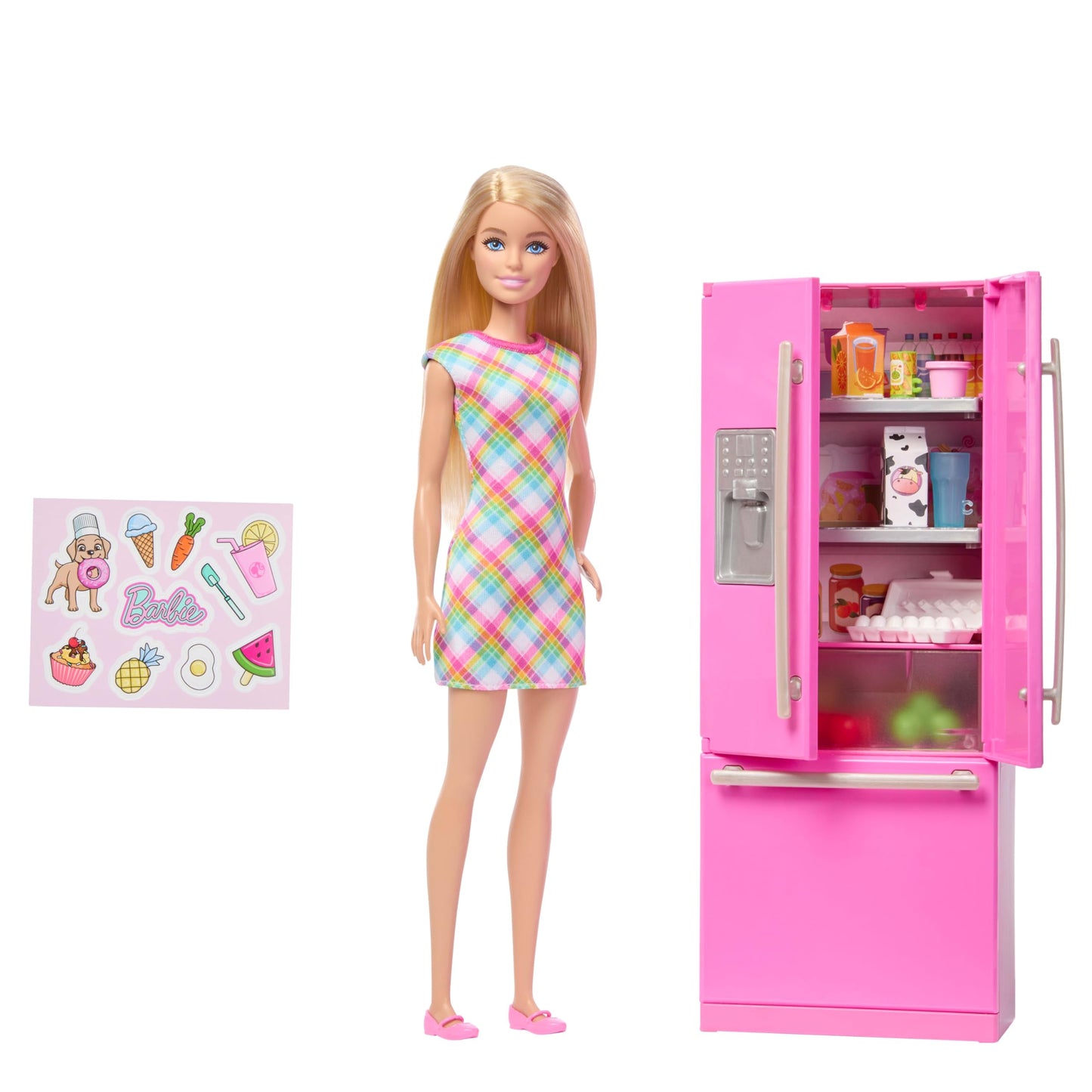 Barbie doll and kitchen playset with refrigerator, 10 accessories, food pieces, and sticker sheet for imaginative play.