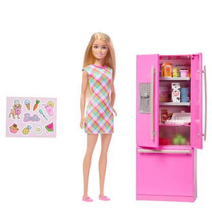 Barbie doll and kitchen playset with refrigerator, 10 accessories, food pieces, and sticker sheet for imaginative play.
