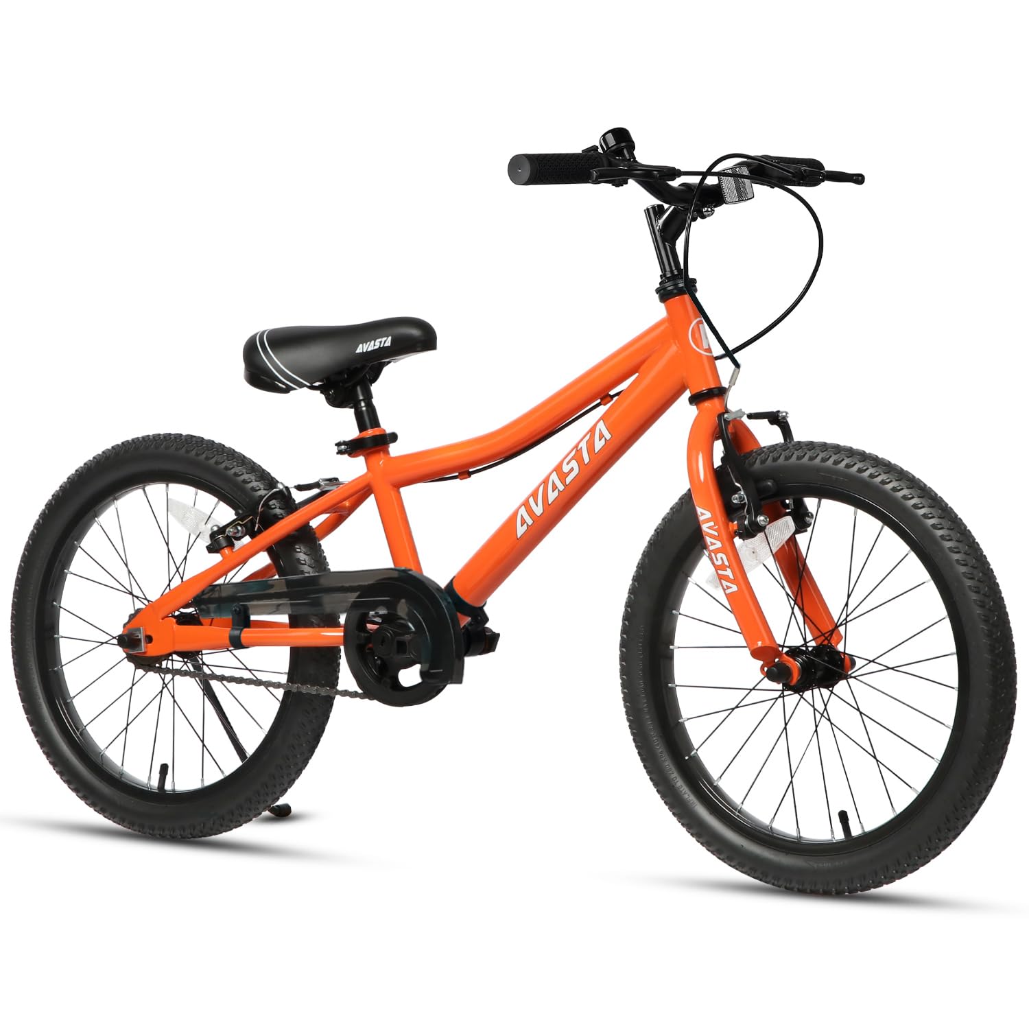 AVASTA 20-inch kids bike in orange with dual handbrakes, kickstand, and adjustable seat for boys and girls aged 6 to 10 years.