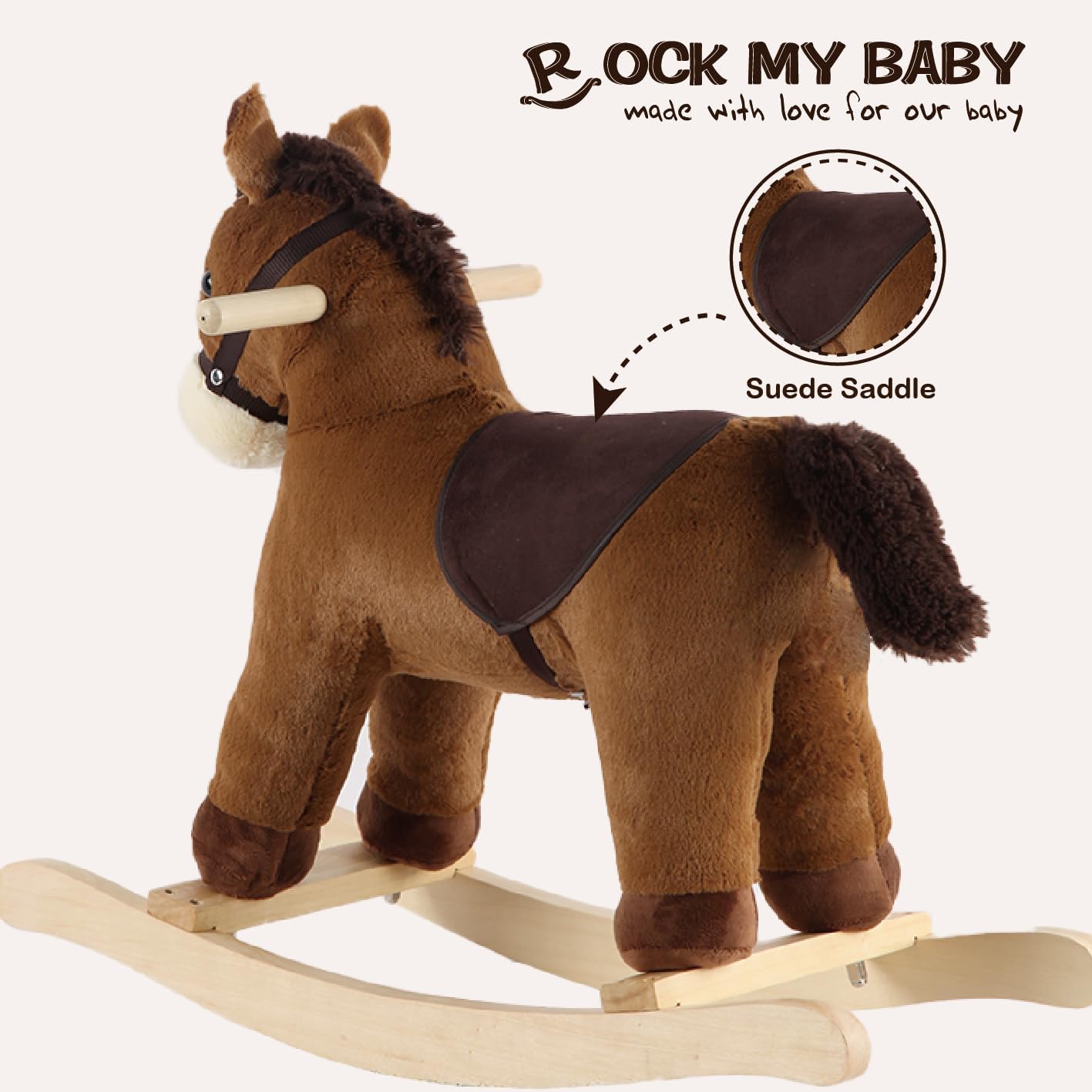 Rock My Baby Rocking Horse, Grey Wooden Horse with Sound Effects,Ride-on Toy,Balance Toy (Dark brown)