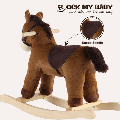 Rock My Baby Rocking Horse, Grey Wooden Horse with Sound Effects,Ride-on Toy,Balance Toy (Dark brown)