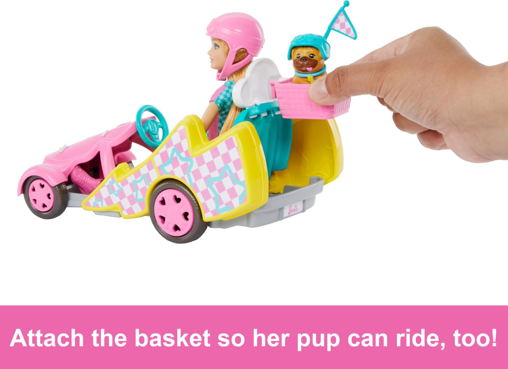 Barbie Stacie doll with go-kart, dog, accessories, and sticker sheet from the 9-piece toy set, HRM08, with rolling wheels and detailed features.