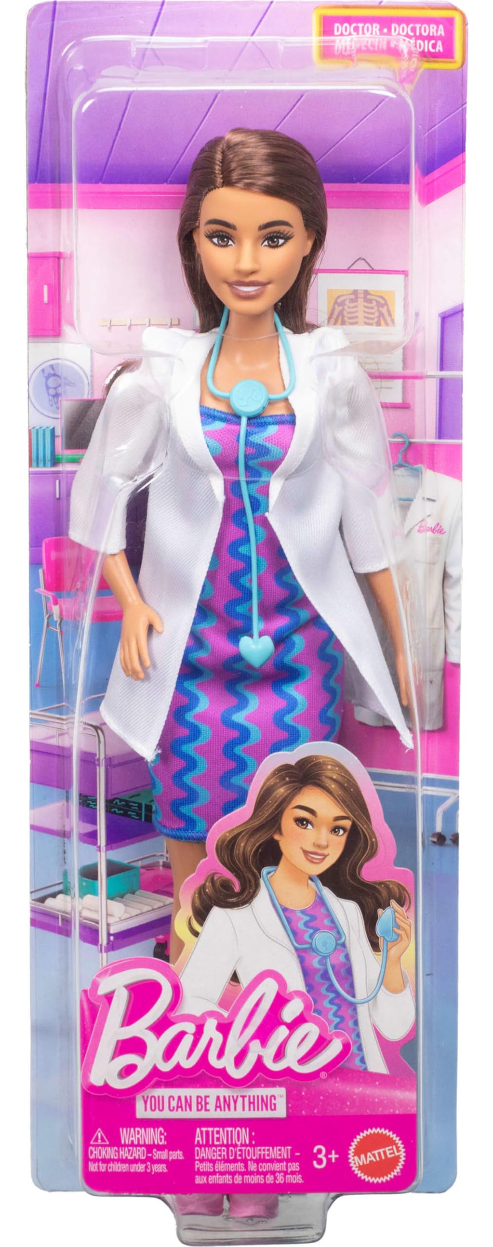Barbie Careers Doctor Fashion Doll wearing white coat, dress, shoes, and stethoscope accessory, showcasing a medical-themed outfit.