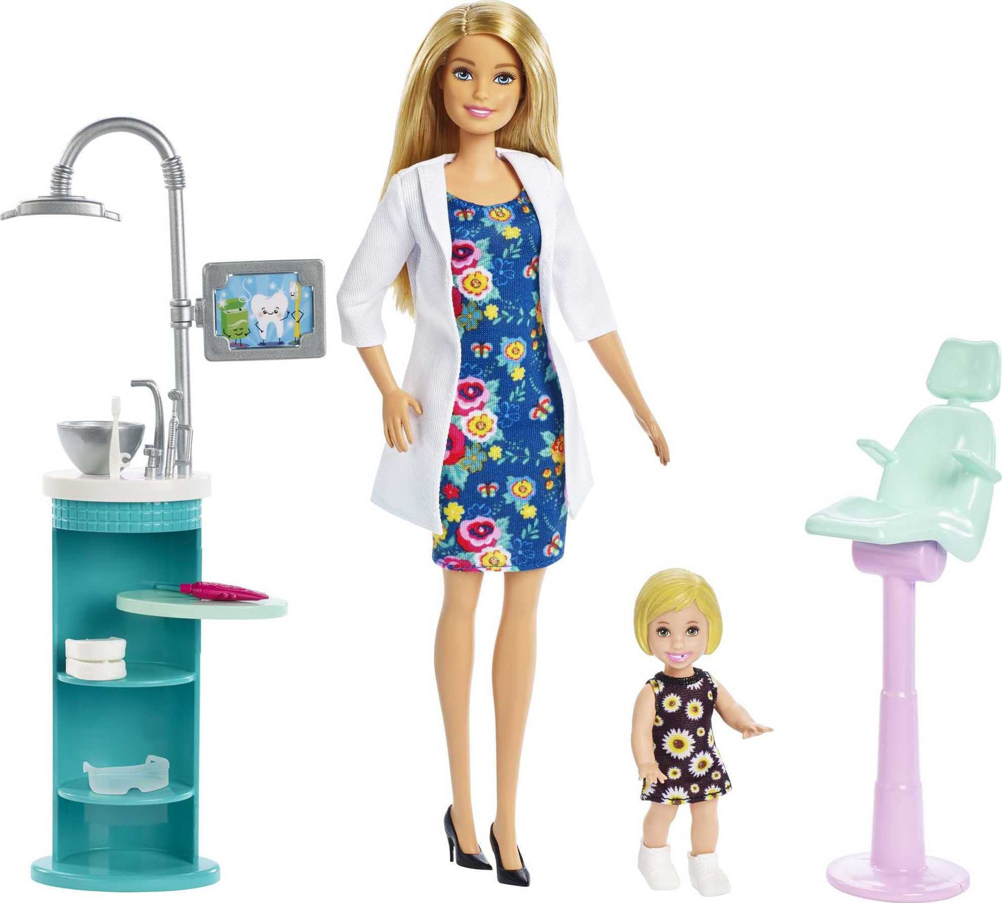 Barbie FXP16 Dentist Doll and Playset with colorful accessories, showcasing the doll in a dental office scene.