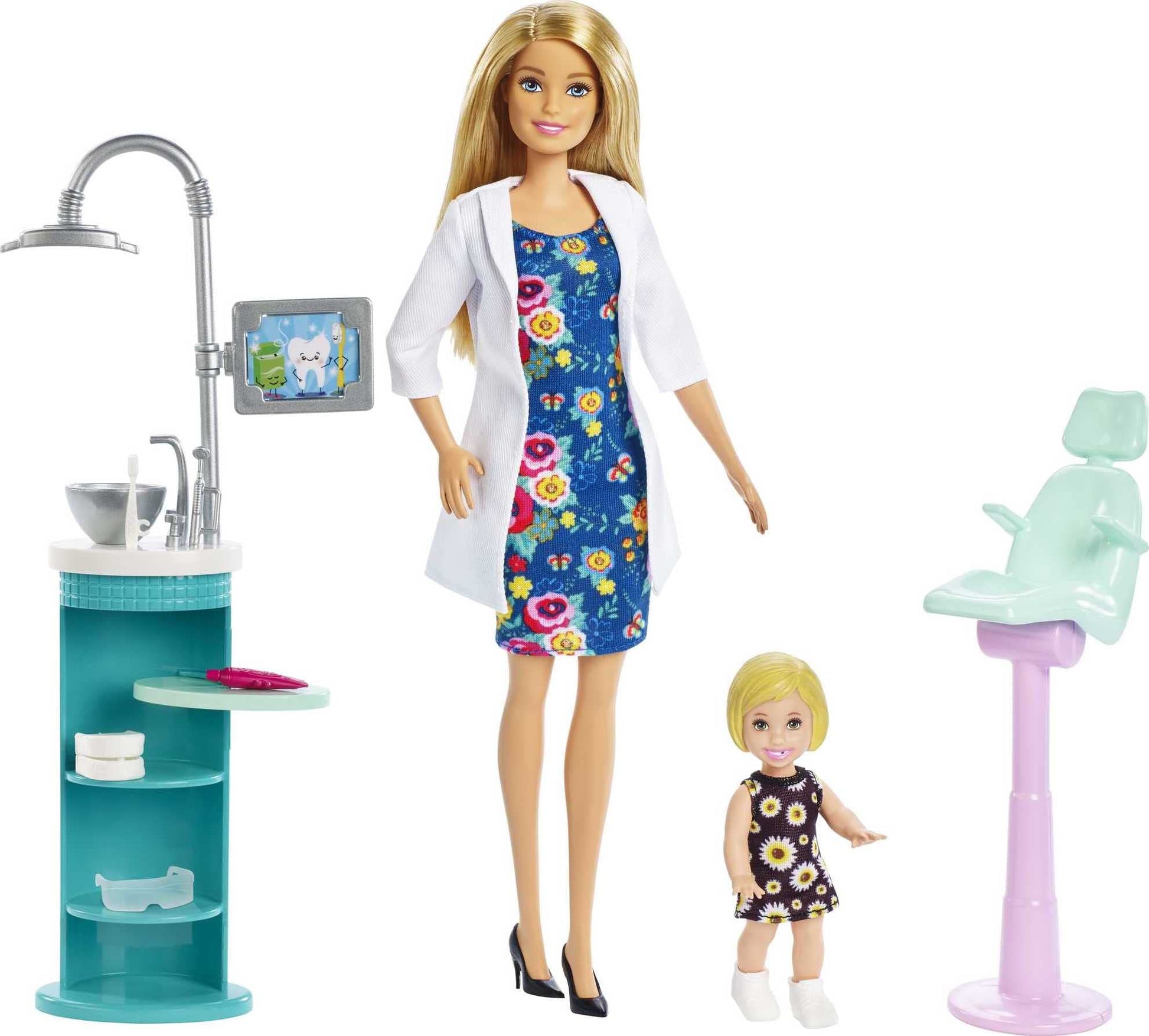 Barbie FXP16 Dentist Doll and Playset with colorful accessories, showcasing the doll in a dental office scene.