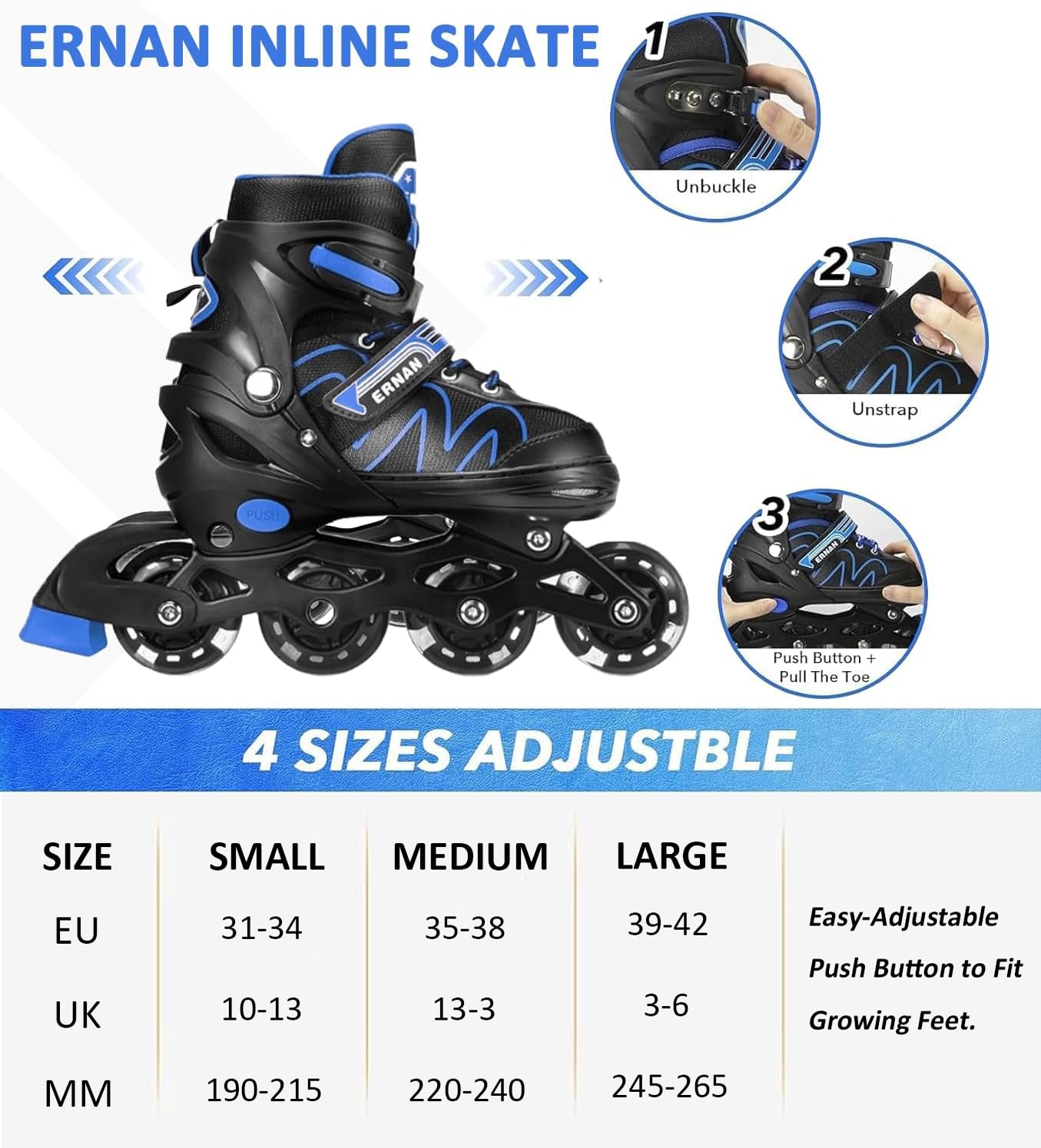 Blue ERNAN adjustable kids' inline skates with light-up wheels, suitable for boys and girls, ideal for beginners and youth.
