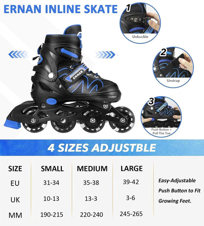 Blue ERNAN adjustable kids' inline skates with light-up wheels, suitable for boys and girls, ideal for beginners and youth.