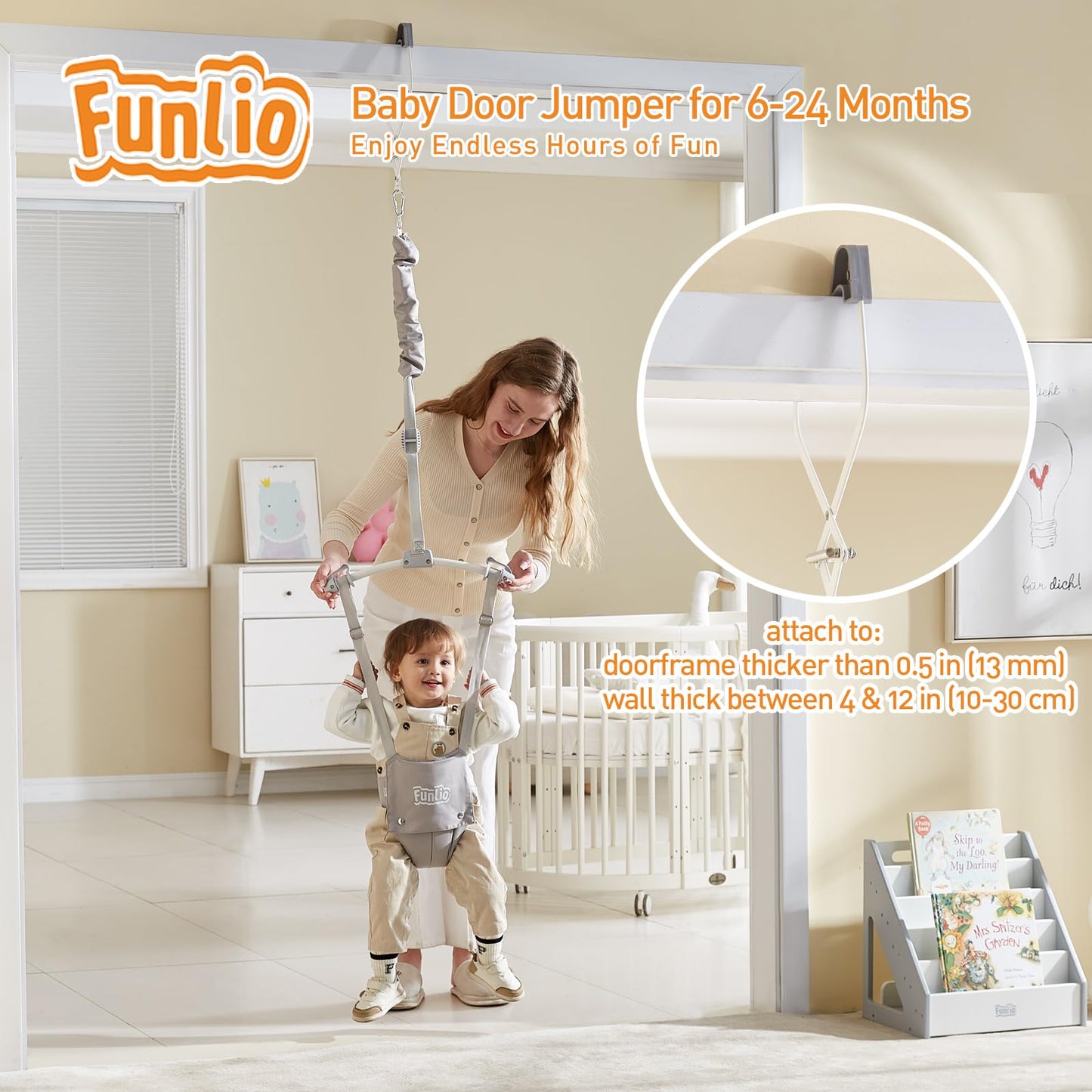 FUNLIO baby door bouncer in grey with door clamp, strong spring, adjustable strap, suitable for 6-24 months, CE CPC certified