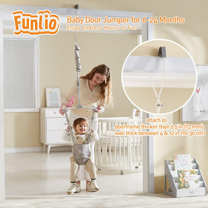 FUNLIO baby door bouncer in grey with door clamp, strong spring, adjustable strap, suitable for 6-24 months, CE CPC certified
