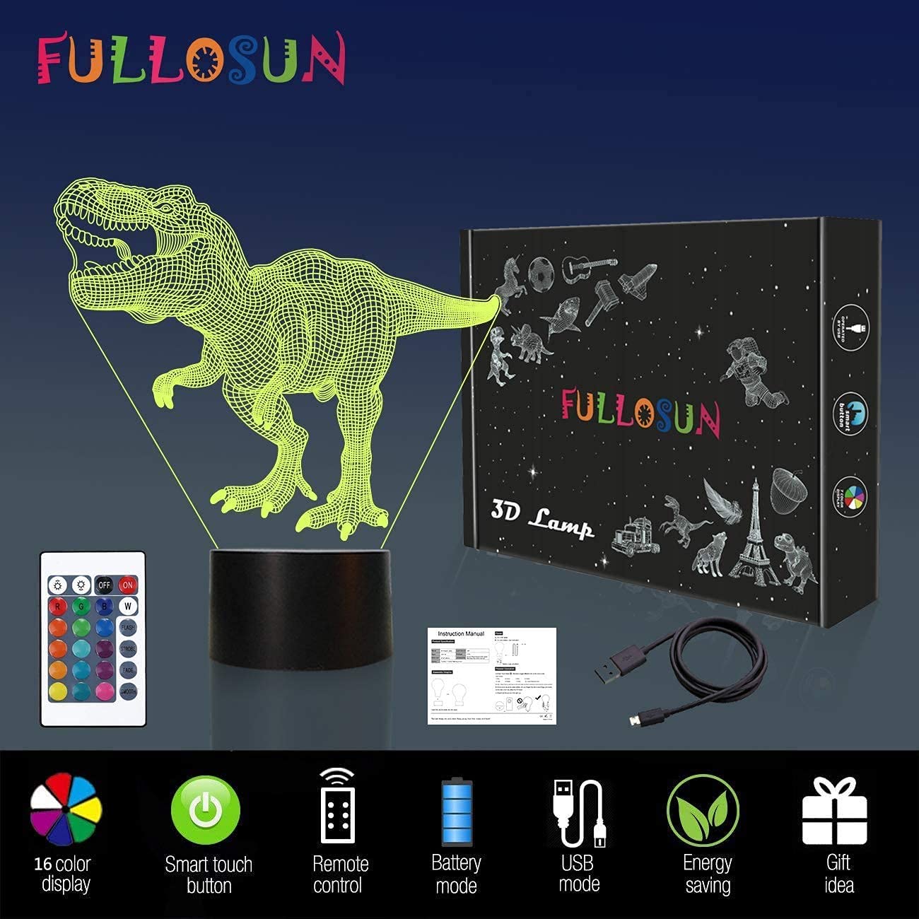 Dinosaur Gifts, Night Light for Kids Dinosaur T-rex 3D Night Light Bedside Lamp with Remote Control 16 Color Changing Xmas Halloween Birthday Gift for Child Baby Boy …