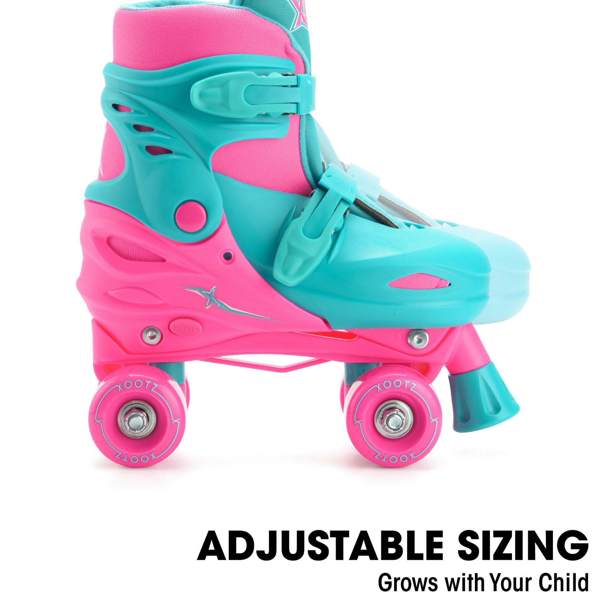 Pink Xootz kids' quad roller skates for girls, adjustable beginner skates with four wheels and pink accents.