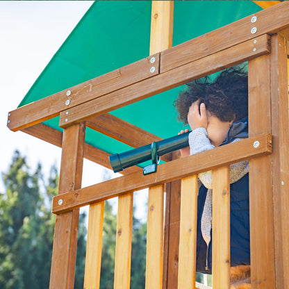 DOLPHIN PLAYGROUND T Wooden Swing and Slide Set for Backyard, Kids Swing Set with Picnic Table, Play House for Kids Outdoors with Slide 2 Swings Climbing Wall, Kids Outdoor Play Equipment for Ages 3+