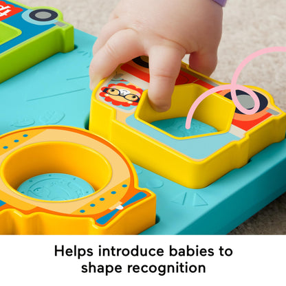 Fisher-Price baby sorting toy with colorful shapes, vehicle puzzle, lights, and sounds for fine motor play for ages 9 months and up.