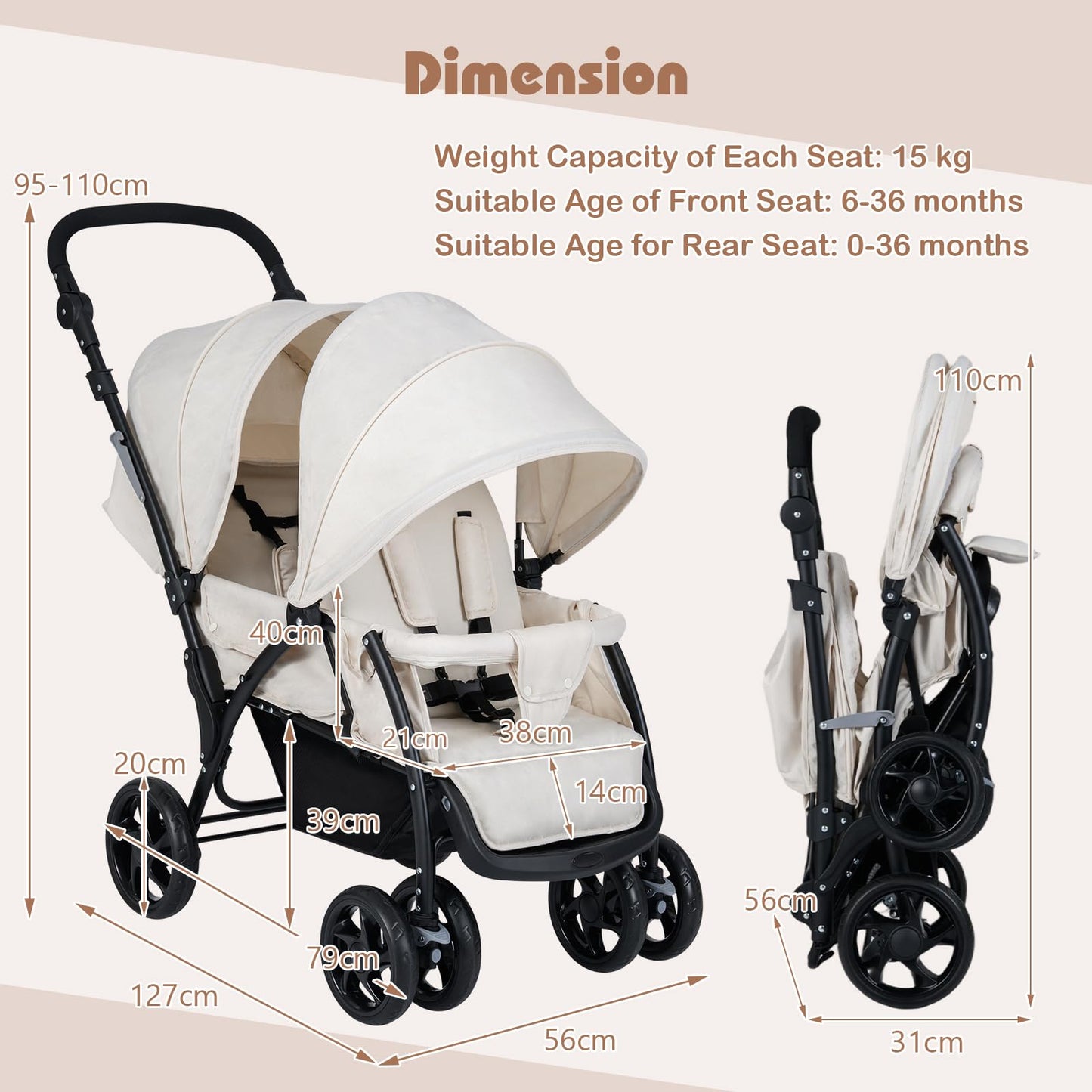 COSTWAY double seat pushchair in beige with foldable tandem design, adjustable backrest, sunshade, safety belts, and storage basket.