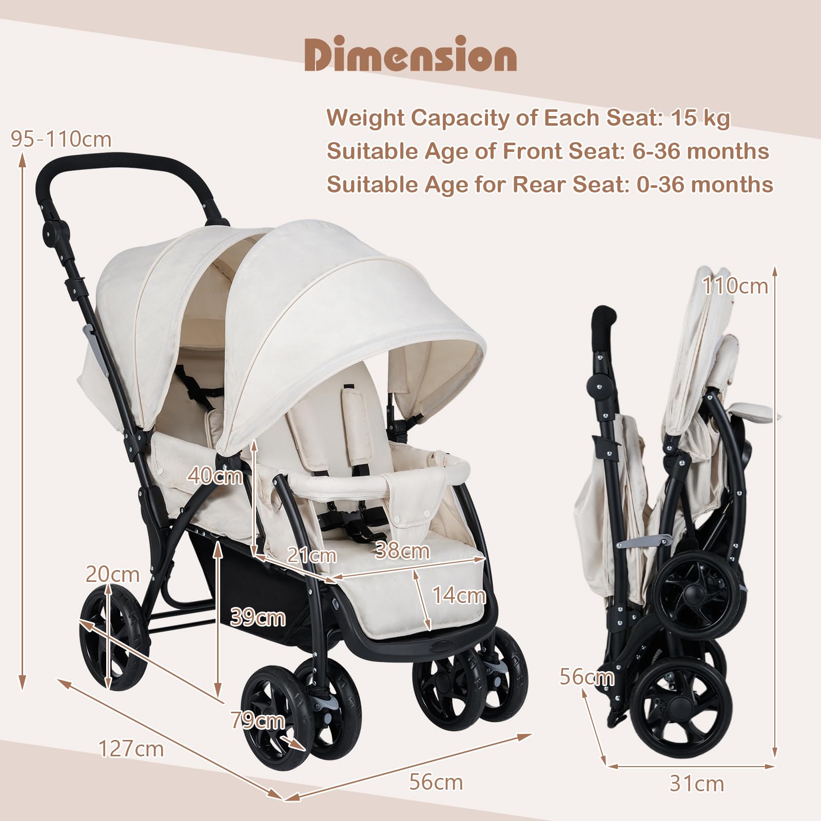 COSTWAY double seat pushchair in beige with foldable tandem design, adjustable backrest, sunshade, safety belts, and storage basket.