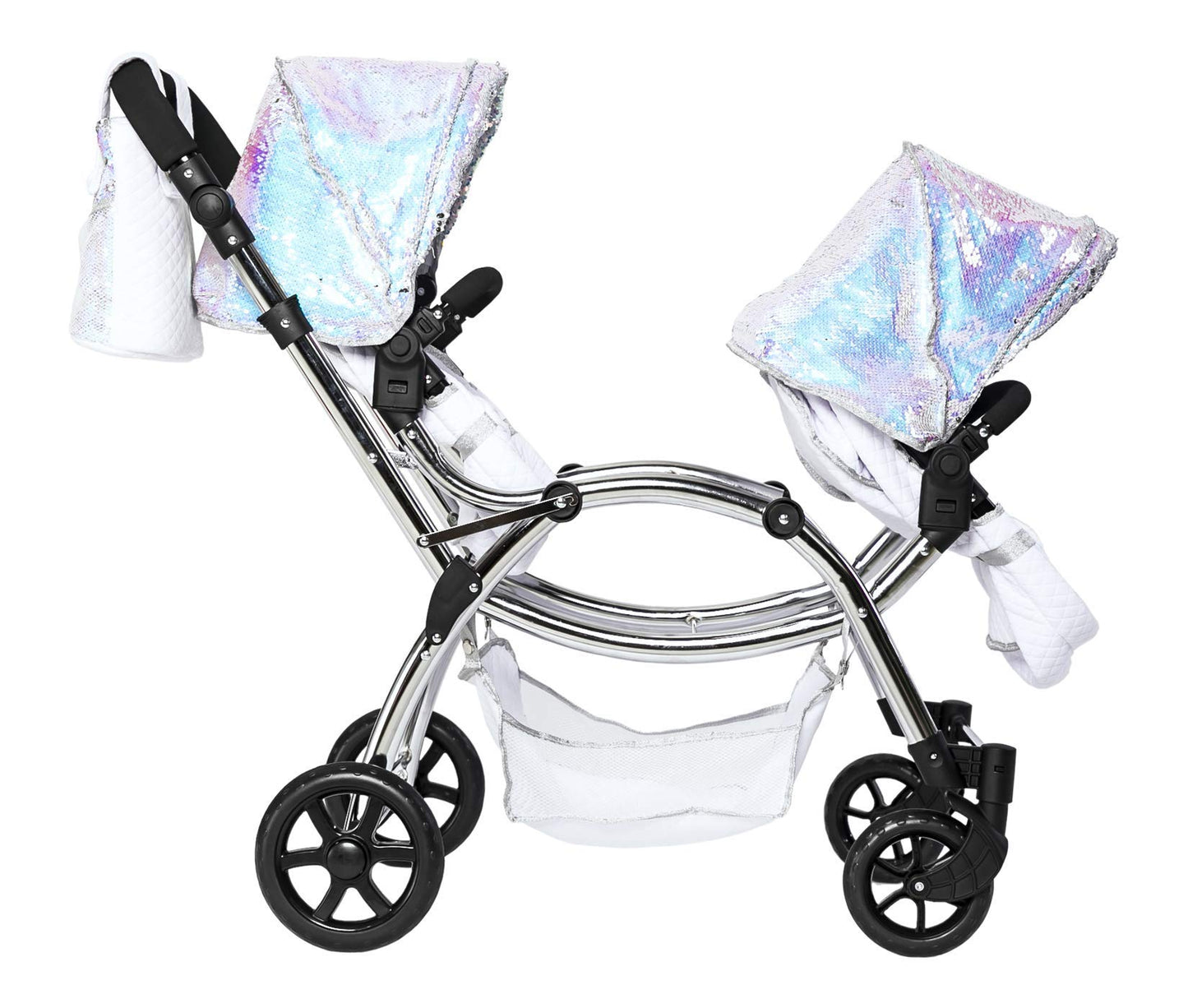 Roma Polly Dolls Pram 2-in-1 Dolls Pushchair, Double Buggy with Convertible Seat, Adjustable Handle, Foldable Canopy, Mermaid Print, Suitable for Ages 3-16, Perfect or Christmas