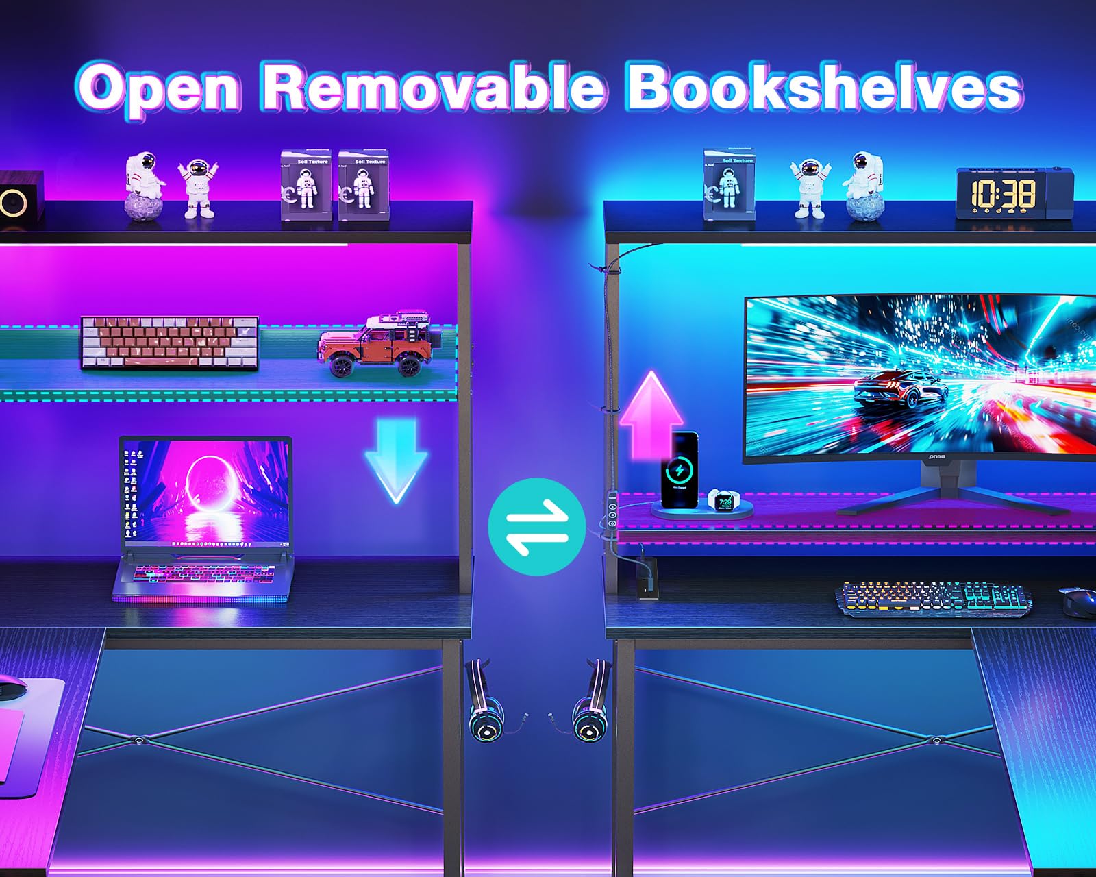 Black Coleshome L-shaped gaming desk with LED lights, power outlet, shelves, storage bag, and hook for home office use.