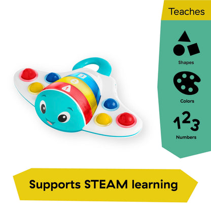 Baby Einstein Ocean Explorers Stingray Popper toy for babies age 6 months and up, featuring colorful ocean-themed design and interactive features.