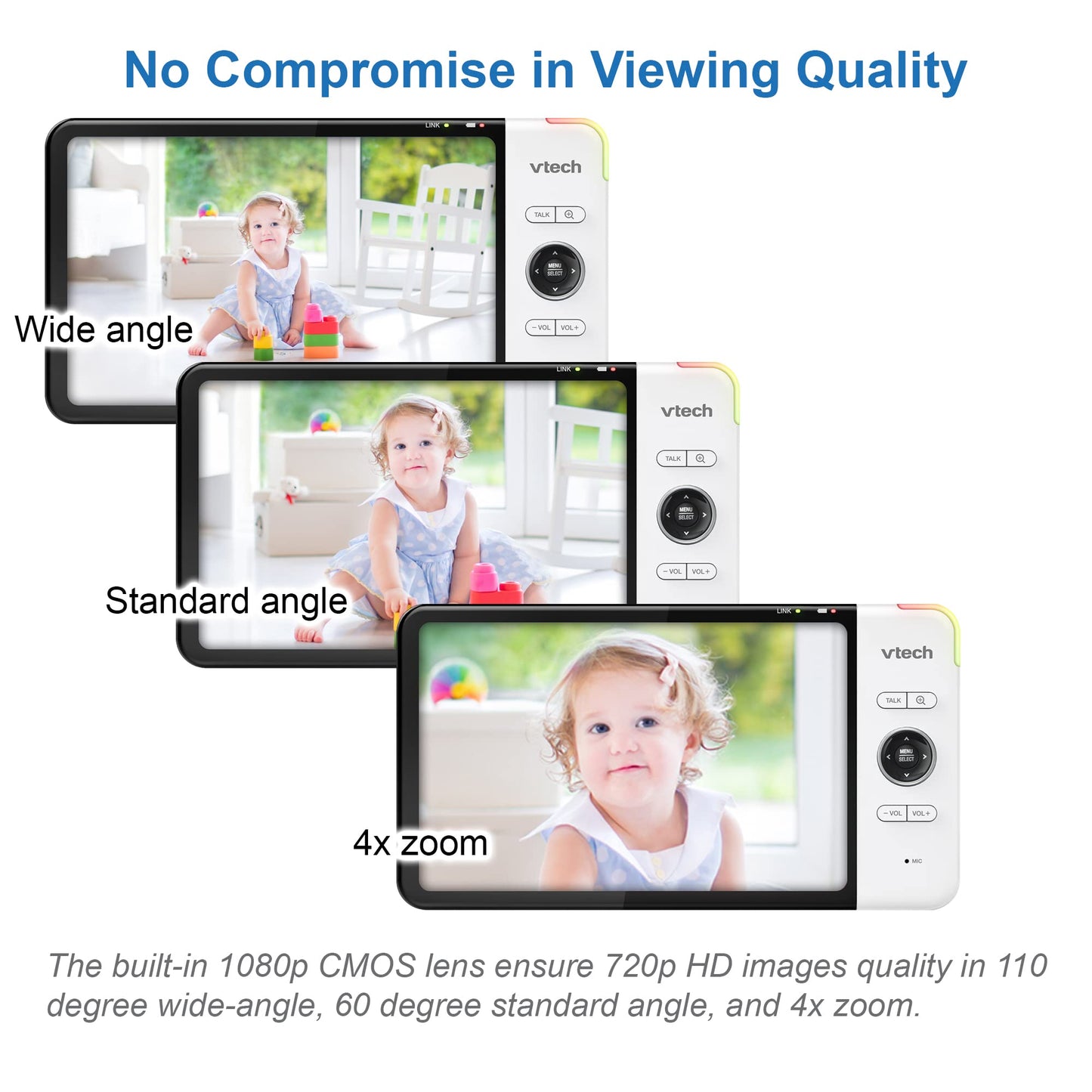 VTech VM919HD baby monitor with camera showing 7-inch HD display, 360° pan/tilt, night vision, and wide-angle view.