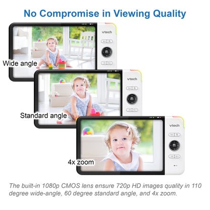 VTech VM919HD baby monitor with camera showing 7-inch HD display, 360° pan/tilt, night vision, and wide-angle view.