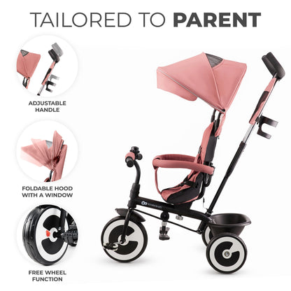 Kinderkraft Aston Tricycle, Baby Push Trike, Kids First Bike, Free Wheel Functions, Parenthandle, Footrest, Accessories, Bag, Cupholder, from 9 Months to 5 Years, Pink