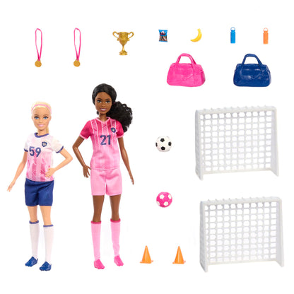 Barbie Careers soccer playset with two fashion dolls, blonde petite Barbie Brooklyn, two nets, and 15 sports accessories.