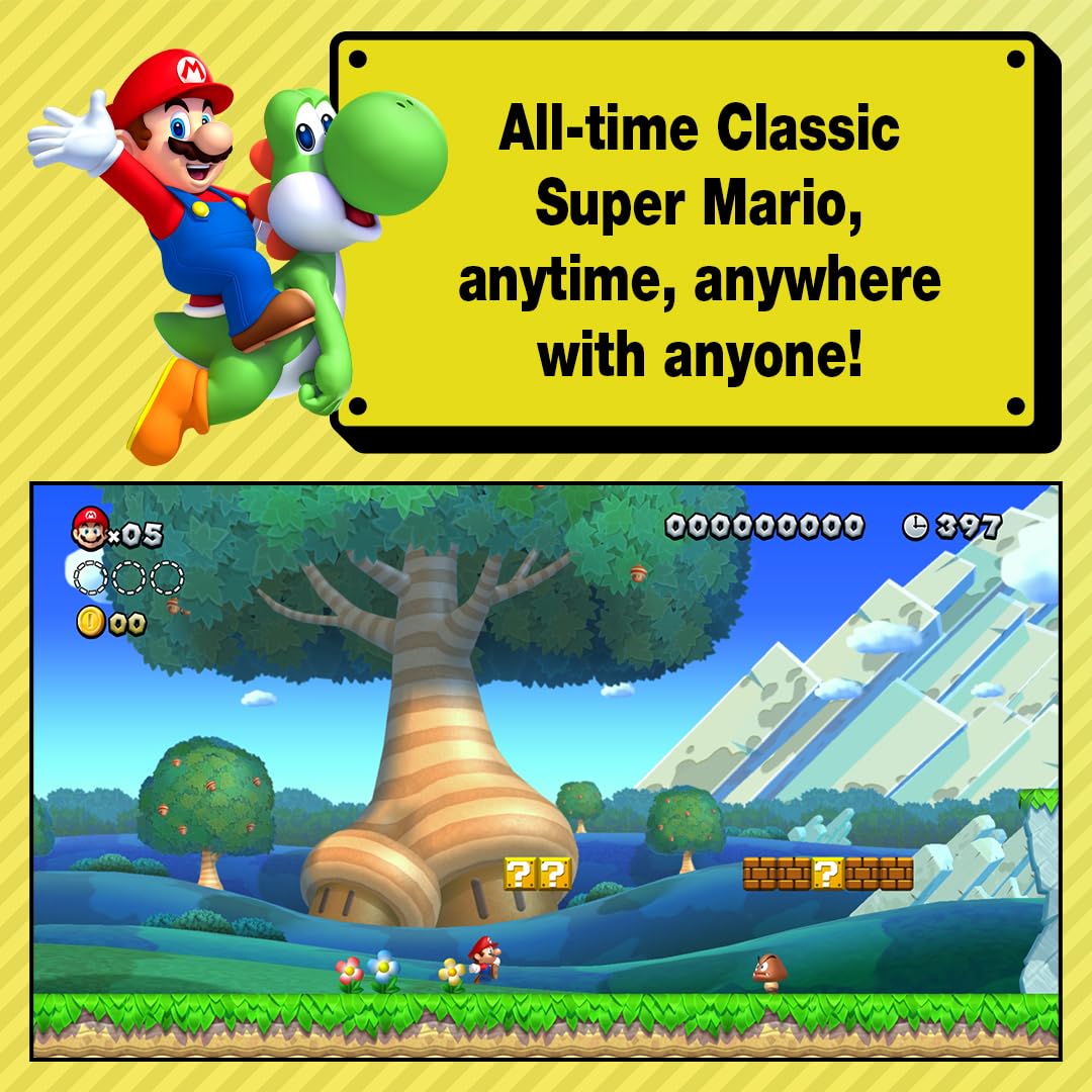 Close-up of a Nintendo Switch game case for New Super Mario Bros. U Deluxe featuring Mario and colorful game artwork.