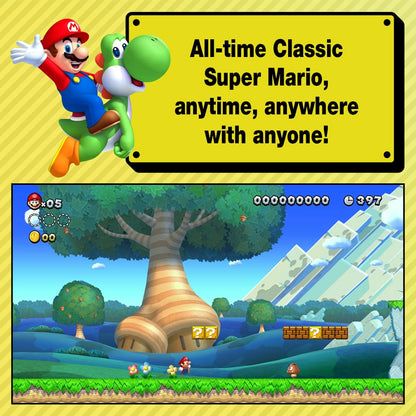 Close-up of a Nintendo Switch game case for New Super Mario Bros. U Deluxe featuring Mario and colorful game artwork.