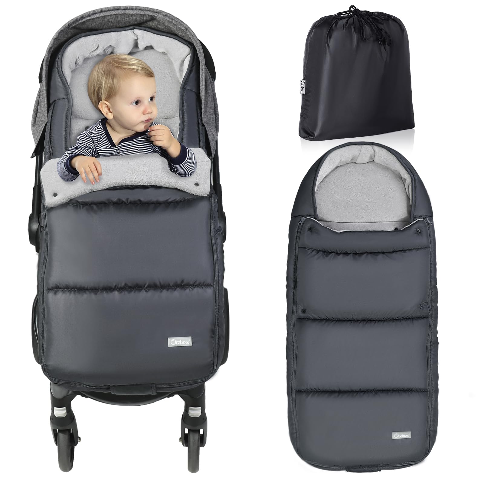 Orzbow winter footmuff for pushchair, dark grey, adjustable and cozy with zip and buttons, removable pram footmuff with drawstring bag