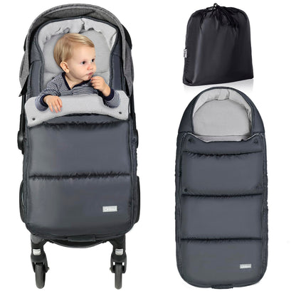 Orzbow winter footmuff for pushchair, dark grey, adjustable and cozy with zip and buttons, removable pram footmuff with drawstring bag