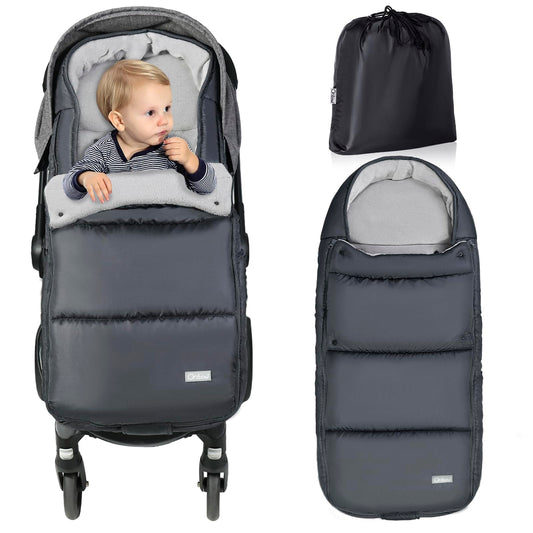 Orzbow winter footmuff for pushchair, dark grey, adjustable and cozy with zip and buttons, removable pram footmuff with drawstring bag