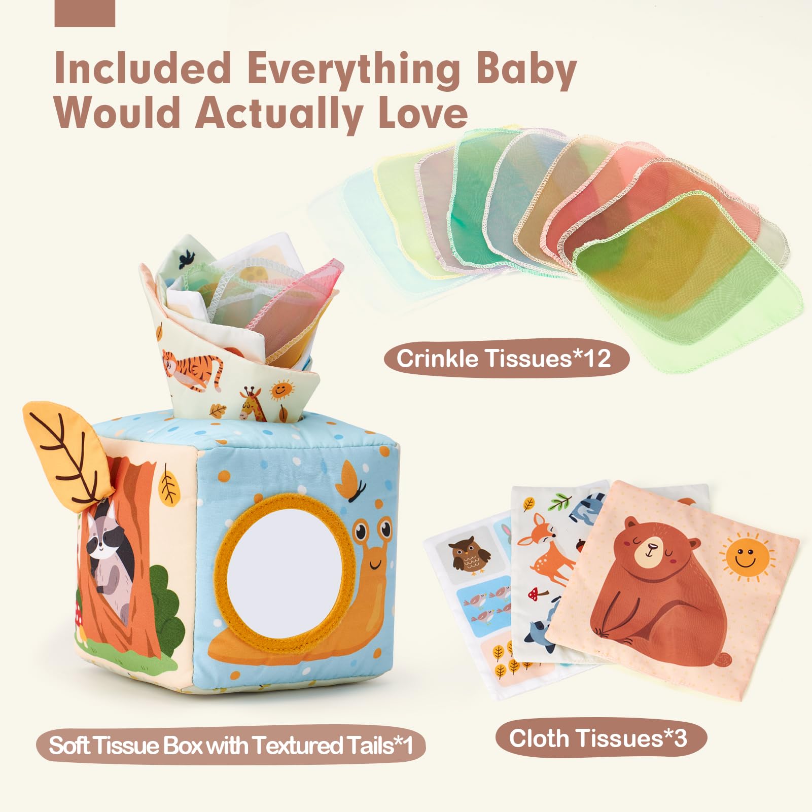 Colorful hahaland baby tissue box toy designed for sensory play, suitable for babies 6-12 months old.