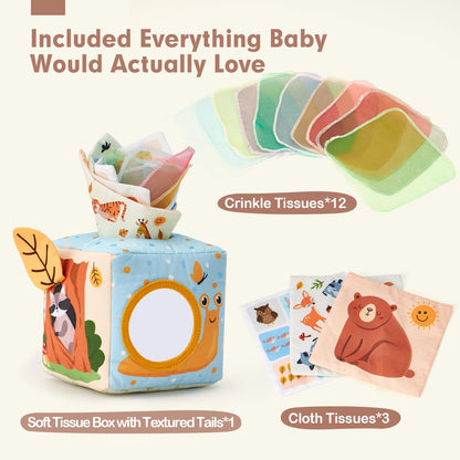 Colorful hahaland baby tissue box toy designed for sensory play, suitable for babies 6-12 months old.