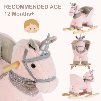 Rock My Baby Plush Rocking Horse - Soft Stuffed Body,Safety Seat Chair, Wooden Rockers, Music Button – Toddler Ride-On Toy for Ages 1–3 (pink)