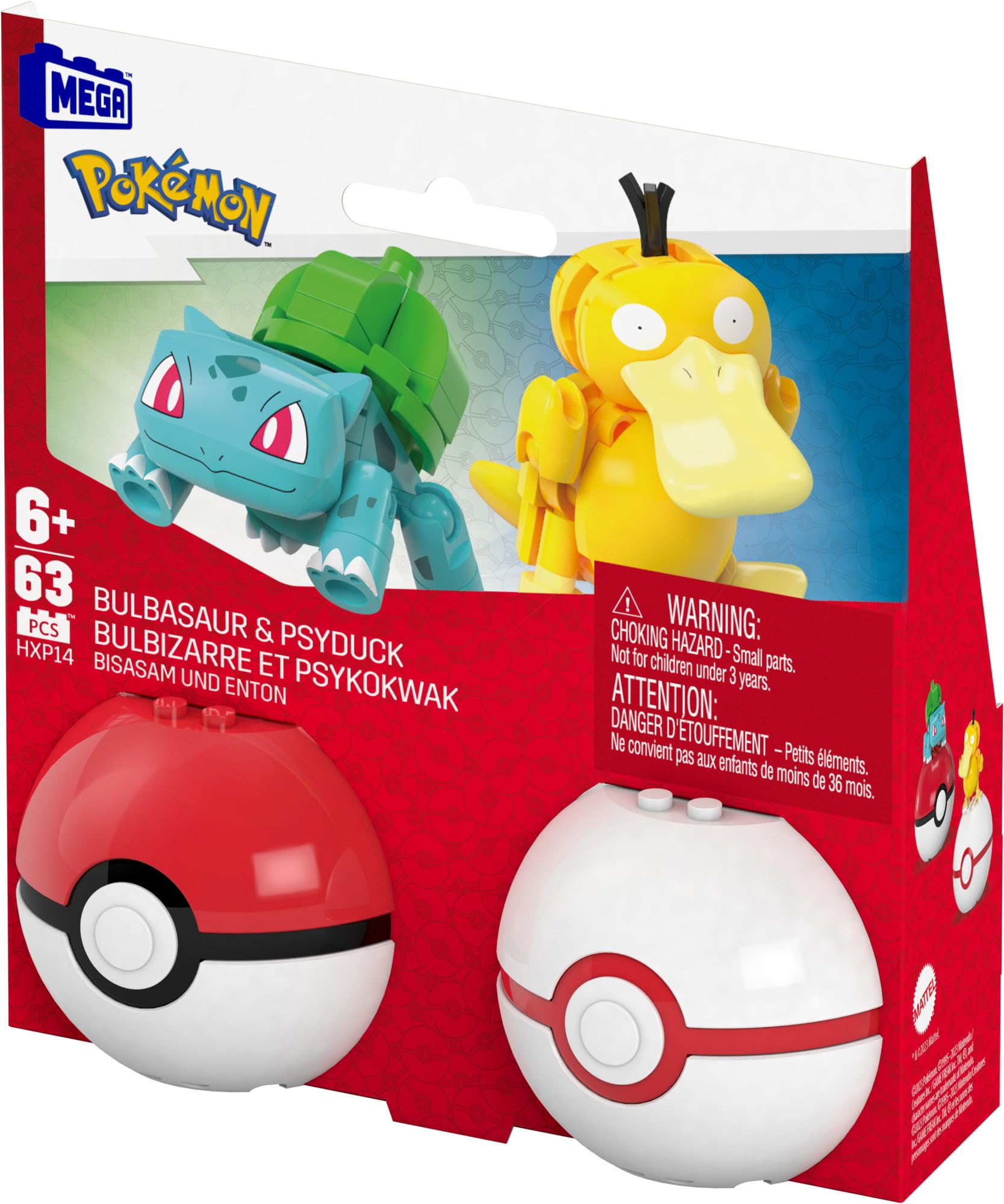 MEGA Pokémon building set with Bulbasaur and Psyduck figures, 63 pieces, and a Poké Ball, ideal for kids aged 4 and up.