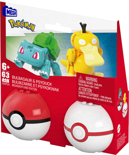 MEGA Pokémon building set with Bulbasaur and Psyduck figures, 63 pieces, and a Poké Ball, ideal for kids aged 4 and up.