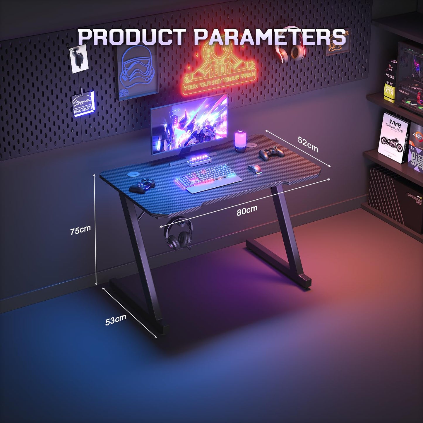 JUMMICO Gaming Desk 80 x 52 cm, Gaming Table Computer Desk Z Shaped PC Gamer Desk for Home Office, Gaming Desk with Headphone Hook, Black