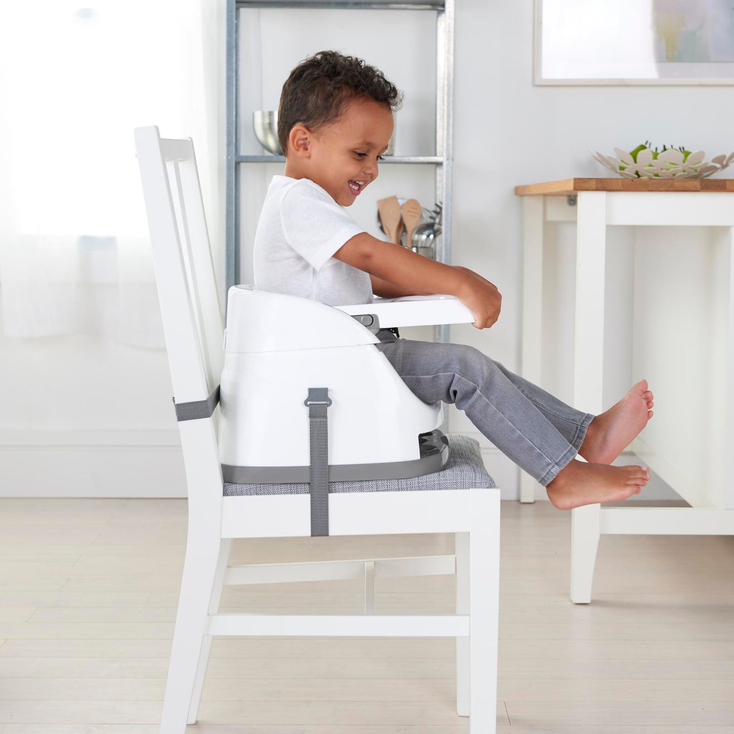 Ingenuity, Baby Base 2-in-1 Seat, Mist, Booster Chair, Dining and Feeding Seat for Toddlers, Easy to Clean with Removable and Self-Storing Tray, Ages 6 Months+