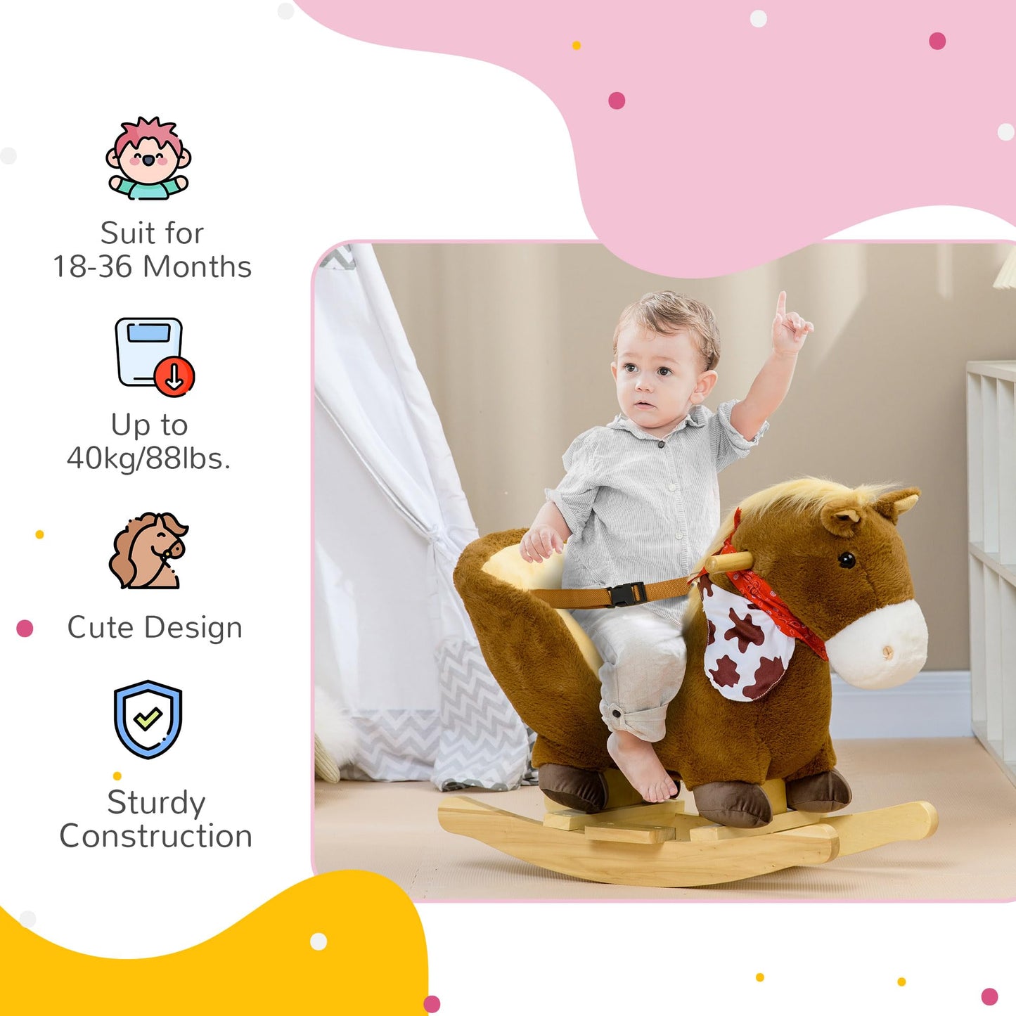 HOMCOM Kids Rocking Horse Plush Ride On Horse with Safety Belt, Realistic Sounds, Foot Pedals for Toddlers Aged 18-36 Months - Brown