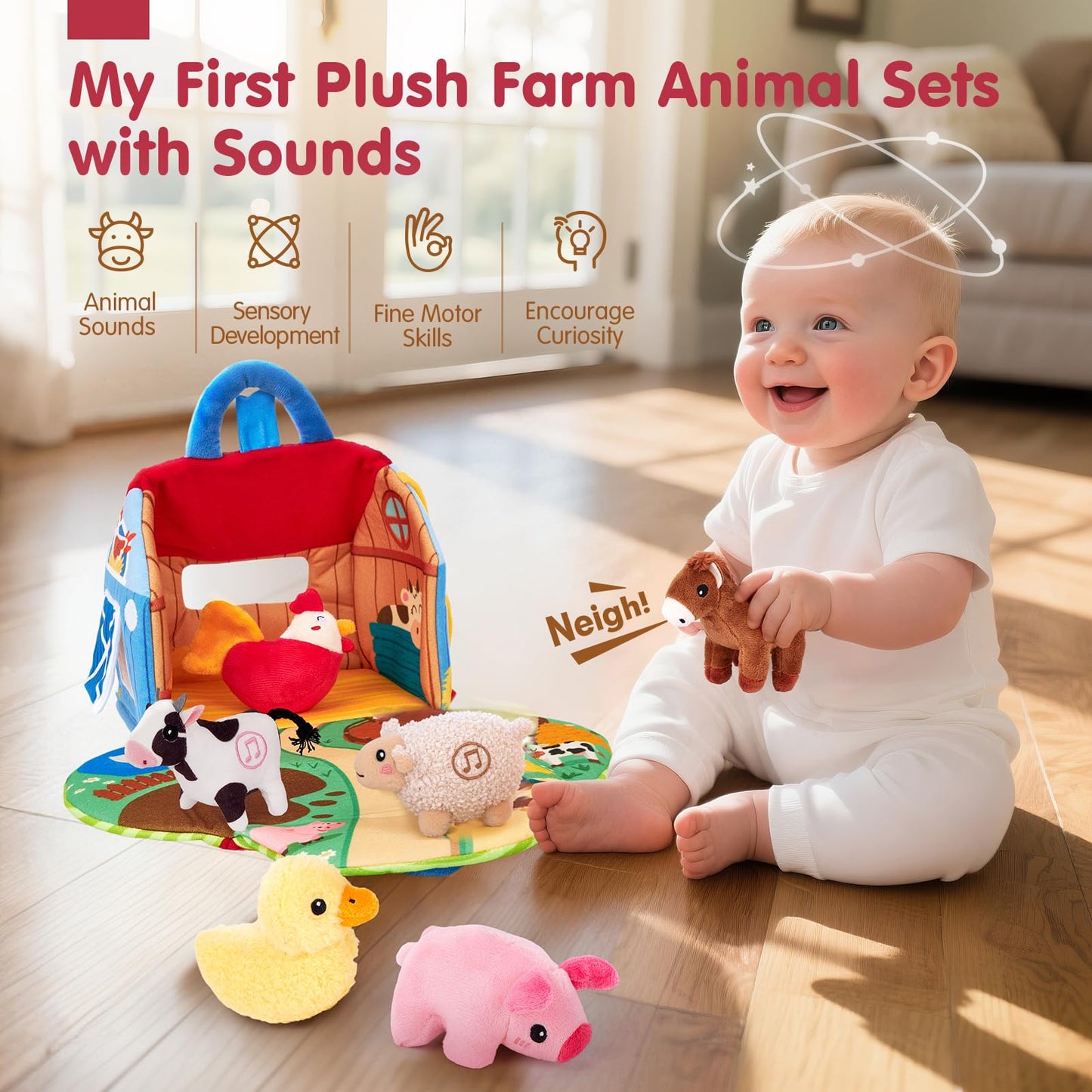 Plush farm animal sound toys in a barn set, featuring crinkle textures and mirrors for sensory play for babies.