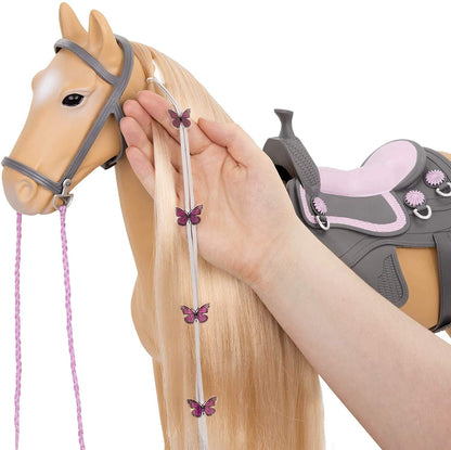 Our Generation Palomino Pain Hair Kids Toy Play Horse with saddle, bridle, hair brush, ribbons, and green hair extension.