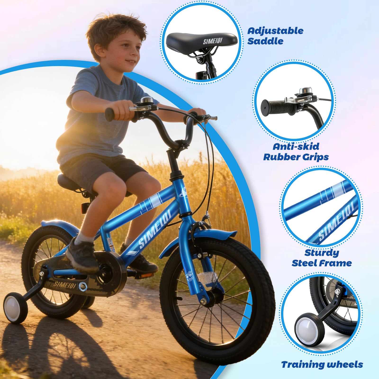 SIMEIQI kids bike in 14, 16, 18 inches with stabilisers, kickstand, dual handbrakes, and adjustable seat for ages 3-9.