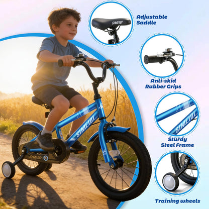 SIMEIQI kids bike in 14, 16, 18 inches with stabilisers, kickstand, dual handbrakes, and adjustable seat for ages 3-9.