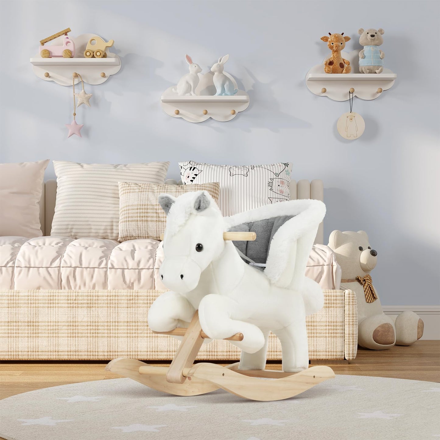 WOLTU Baby Rocking Horse Wooden Toddler Rocker with Seatbelt Kid Ride-on Rocking Animal for 1/2/3 Years Old, White and Grey