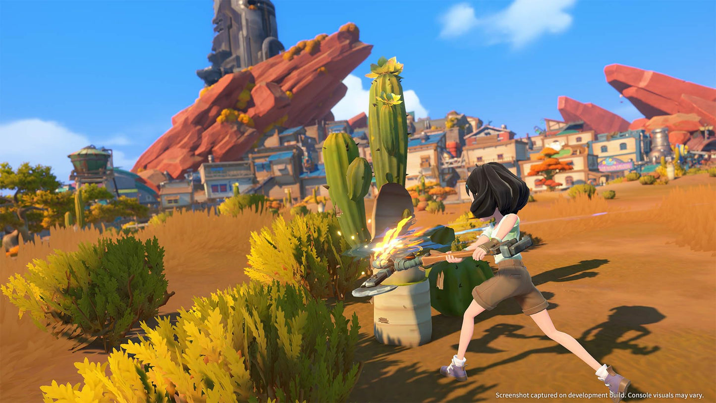 My Time at Sandrock Switch game by Numskull, showing colorful in-game scene with characters and vibrant landscape.
