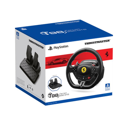 Thrustmaster T98 Ferrari 296 GTB racing wheel and pedals with black design, Ferrari logo, and detailed controls for PS5, PS4, and PC