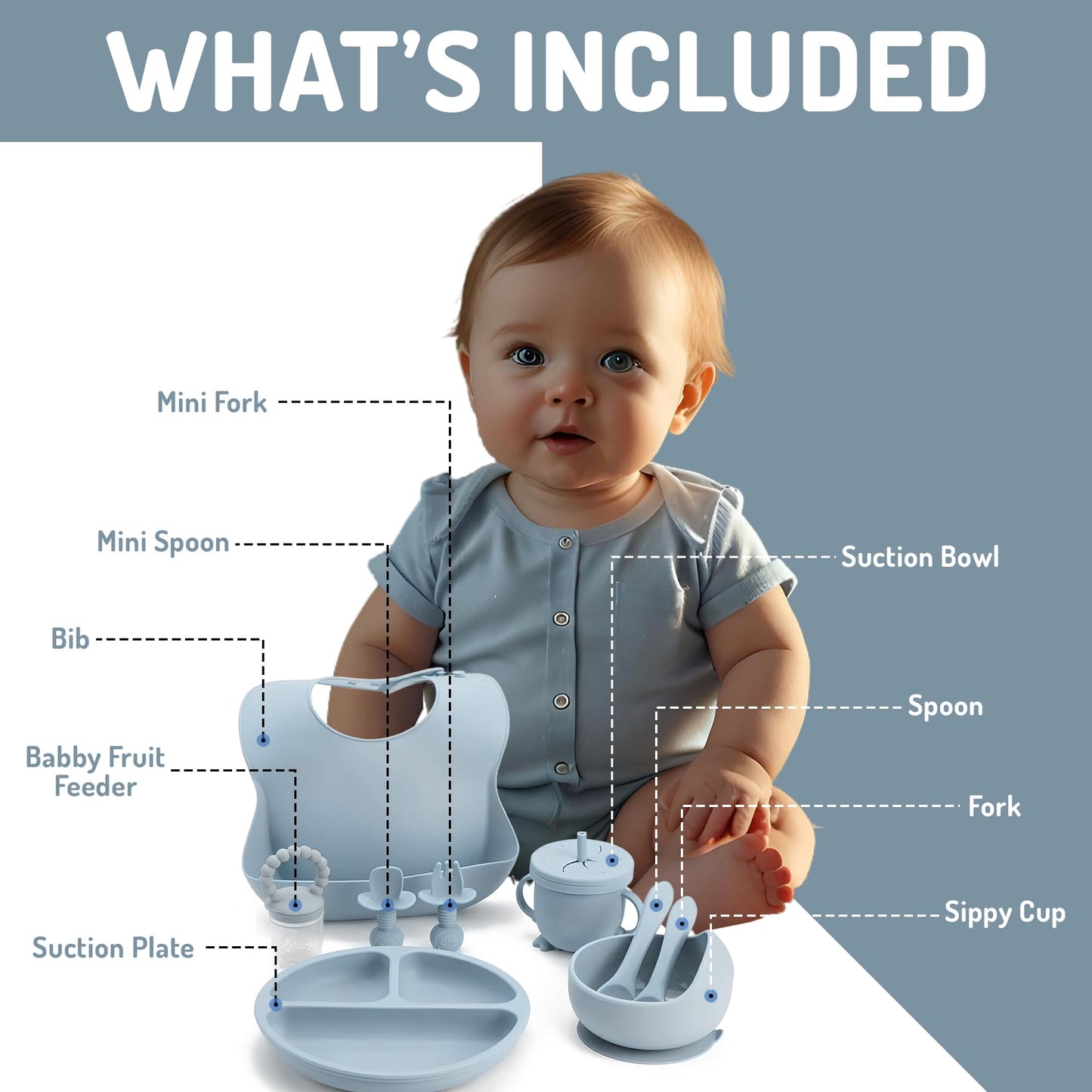 Indique Baby Weaning Set - 11 Pcs Silicone Baby Feeding Set with Suction Plate, Weaning Kit with Adjustable Bib, Fork, Spoon, Fruit Feeder & Toothbrush – Ideal Weaning Set Gift (Blue)