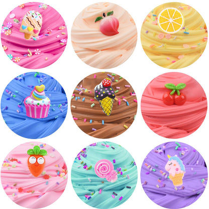 Petyuioyu fluffy slime kit with 12 butter slime packs including rainbow unicorn and fruit slime, soft, non-sticky stress relief toy.