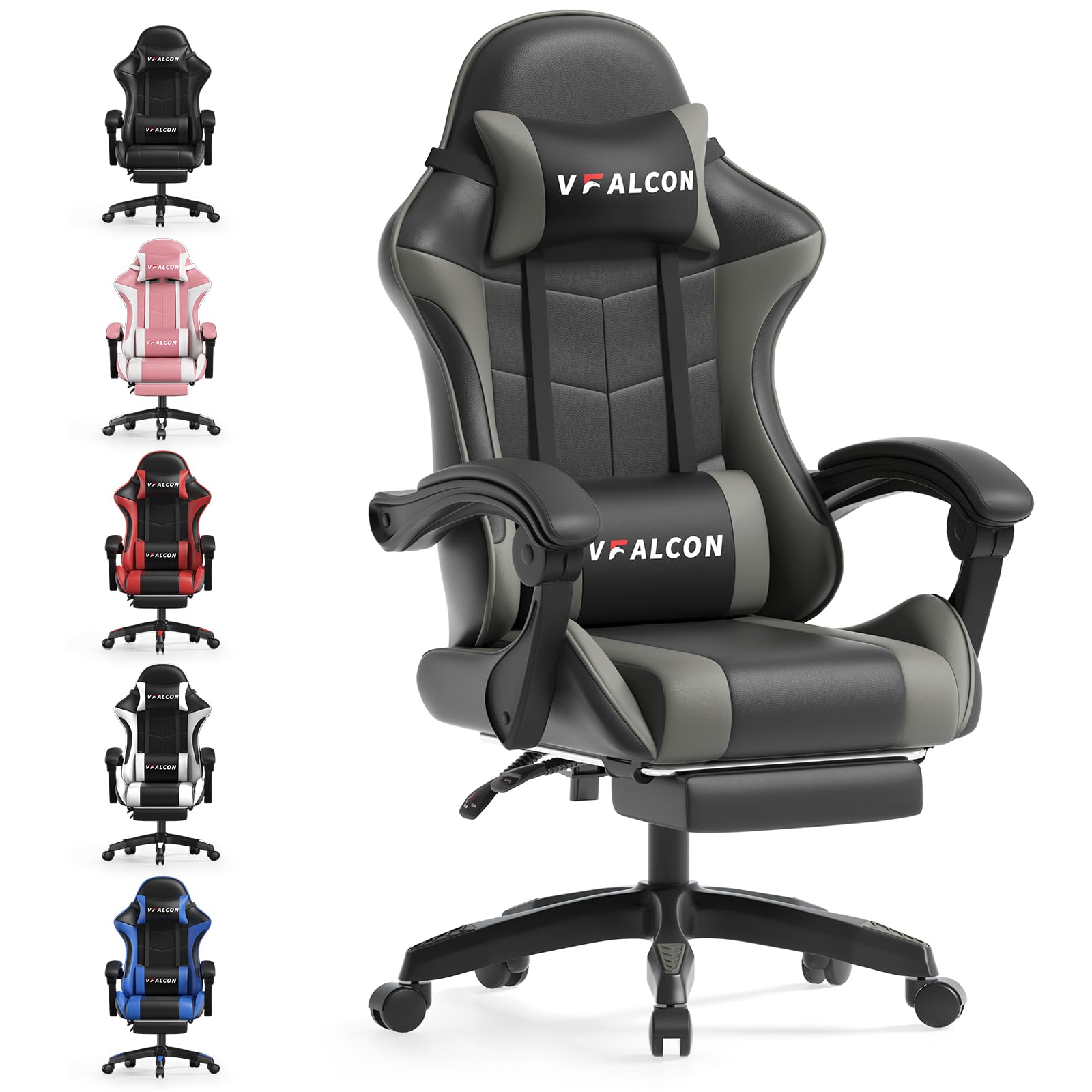 Vfalcon XTREME gaming chair in grey with ergonomic design, reclining feature, footrest, 360° swivel, and adjustable height.